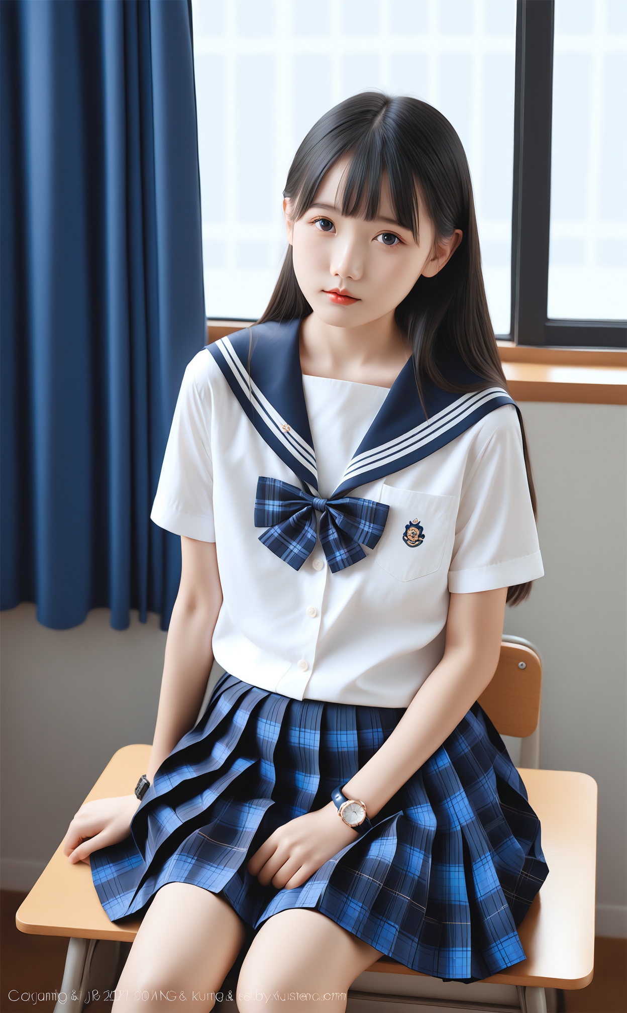 masterpiece,best quality,high quality,1girl,solo,skirt,sitting,plaid,shirt,window,plaid skirt,school uniform,blue skirt,indoors,short sleeves,bow,black hair,white shirt,long hair,asian,blue bowtie,looking at viewer,bowtie,curtains,blue bow,watch,chair,black eyes,closed mouth,pleated skirt,desk,plaid bow,red lips,wristwatch,sailor collar,head tilt,dated,realistic,arm support,on desk,artist name,sitting on desk,knees together feet apart,