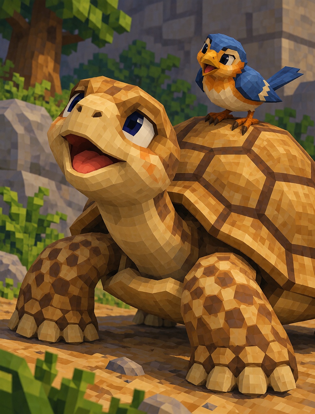A large gentle tortoise lifts its head toward a small bird perched on its shell. N64-inspired low-poly 3D graphics with si...