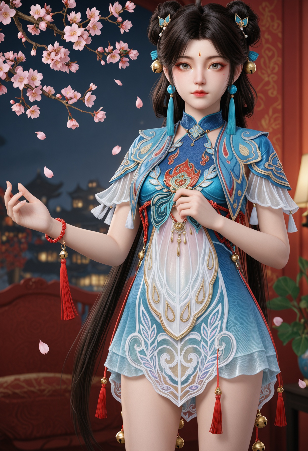 (cowboy shot:1.2),(looking at viewer:1.1),masterpiece,(best quality),smog,Dark room,dim lighting,peach blossom,falling petals,<lora:YQ_Illustrious光辉v5_蓝梦_V1:0.8>,q1528437228,1girl,solo,jewelry,black hair,dress,hair ornament,earrings,long hair,hair bun,chinese clothes,double bun,tassel,blue dress,facial mark,forehead mark,bell,bracelet,short sleeves,mole under eye,brown hair,grey eyes,beads,shoes,ahoge,hair rings,brown eyes,white footwear,china dress,hair bell,braid,jingle bell,sandals,