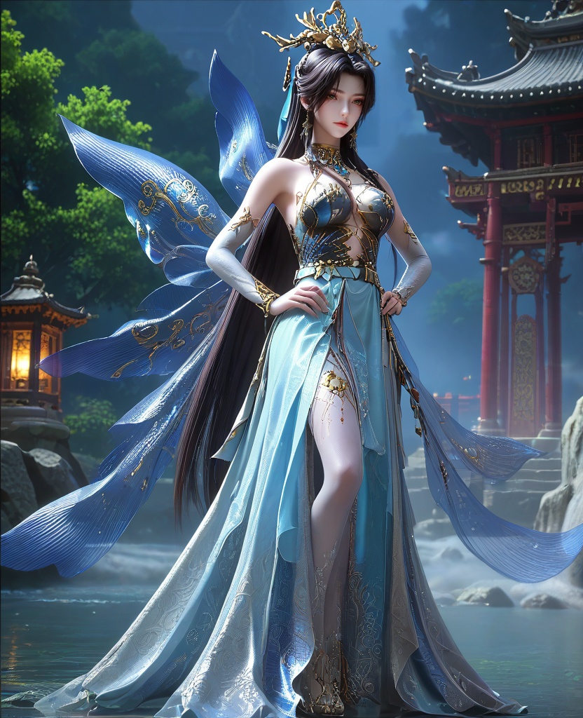 (oriental architecture, elegant decor, sophisticated style:1.1),(Hands on hips,:1.1),Extreme long shot,(large breasts:1.2),shoes,<lora:XL16云深不知梦羲和罄水珠:0.95>,miss xihe,blue corset tiered gown,mole under left eye,black hair,traditional chinese updo with long front strands,absurdly long hair,hair ornament,jewelry,elbow gloves,bracelet,bare shoulders,, score_9,score_8_up,score_7_up,score_6_up,score_5_up,score_4_up,3d rendering,tag1,tag2, Cinematic Lighting,backlighting,