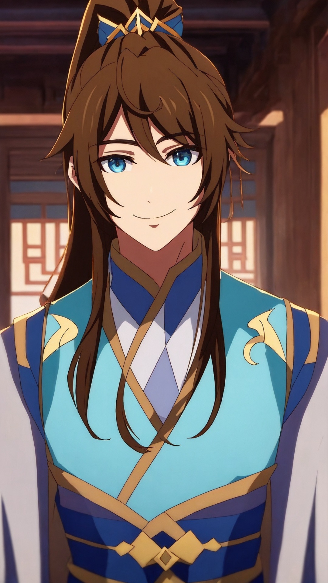 1boy,male focus,solo,long hair,blue eyes,brown hair,smile,ponytail,upper body,hair ornament,high ponytail,chinese clothes,<lora:boy baixiaochun_20240911193625:0.7>,