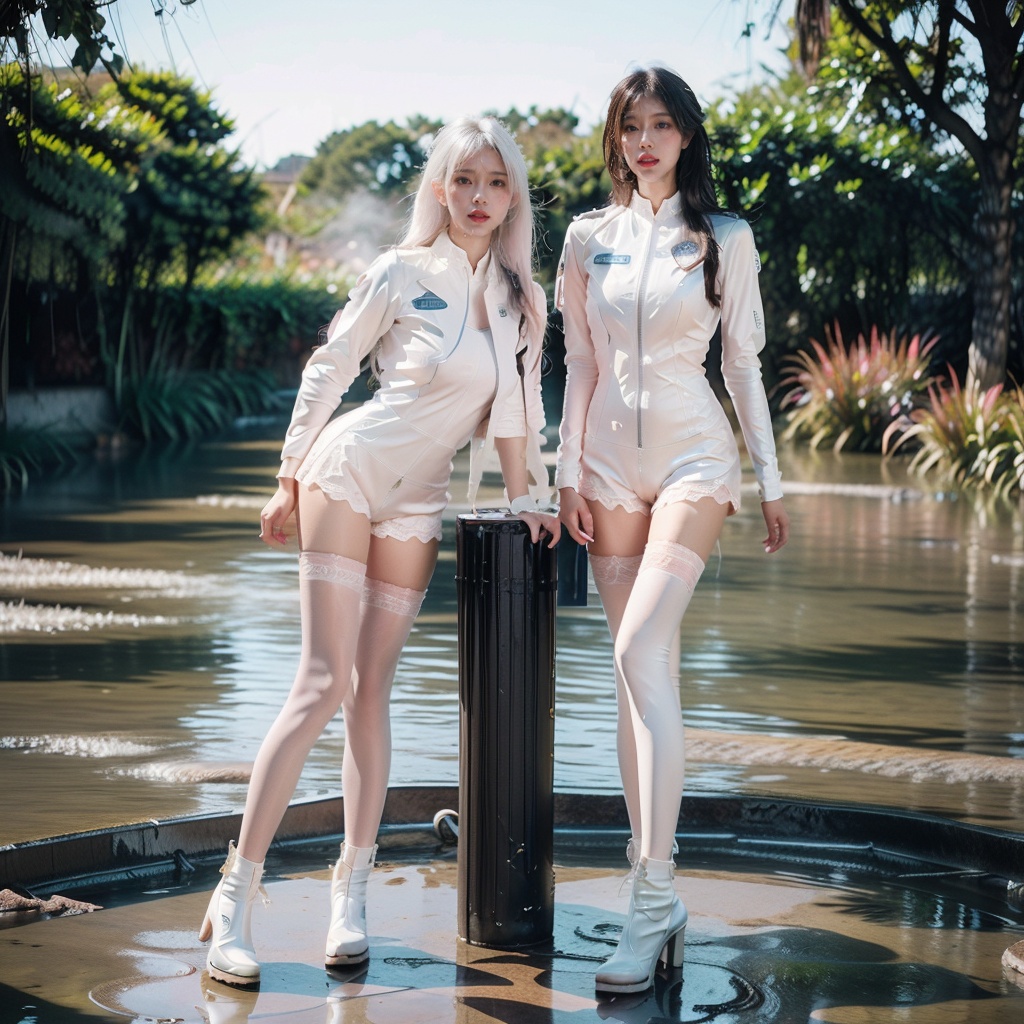 In winter, accompanied by warm sunshine, snowflakes are everywhere in the garden. Flowers bloom, and a large amount of liquid forms mist on the trees. A box filled with white juice, soaked, the girl in police uniform, covered in milk juice, decorated in the shape of love, and a puddle of liquid on the floor.. Ultra high definition 8K, high resolution, best picture quality, tmasterview, ultra-high resolution, color performance, raw (HighDynamicRange, ultra-high definition, 8K, strong sense of detail, best picture quality), goddess, skilled shooting skills, fine details. Many girls, beautiful combination, standing posture, dyna, single, pure white fun set (transparent clothing), trendy outfit, white long hair, white hair, big waves, messy hair, boots, white boots, complex details clothing, ssmile. A red face. White immersive leather jacket, punk lace jacket, sleeveless, neon pantyhose, pink lace shawl, transparent pink, sci-fi black and white pantyhose, exquisite knee length shoes, colorful 8D smooth socks, yor bright