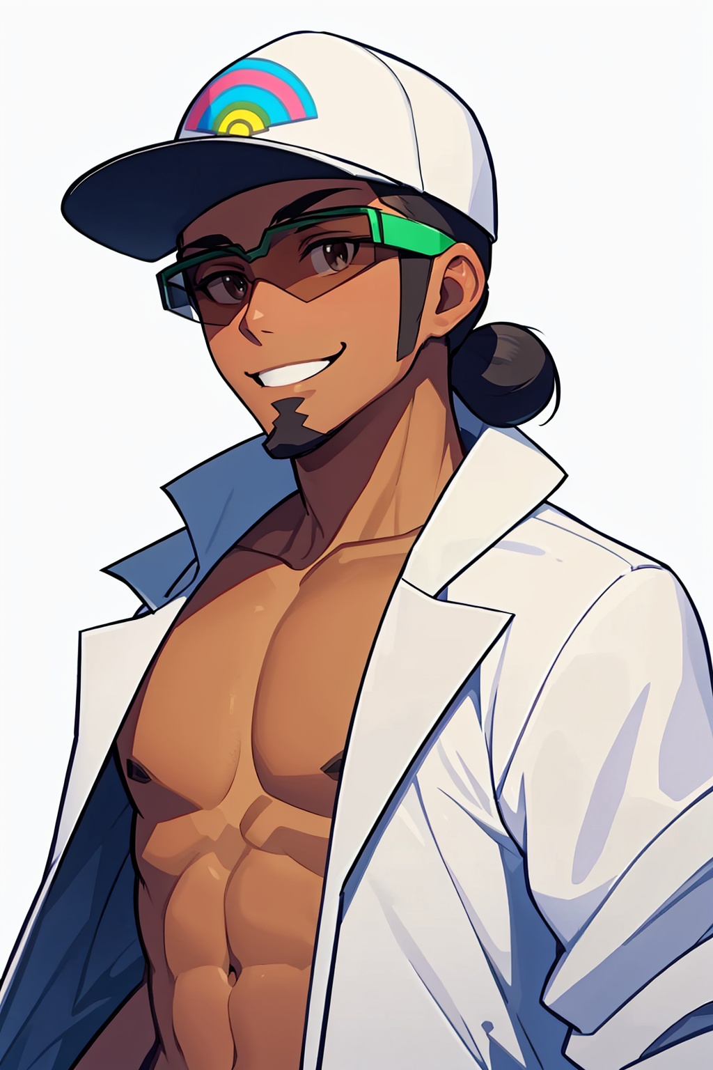 masterpiece,best quality, highly detailed, kukui (pokemon),male focus,1boy,dark-skinned male,baseball cap,white headwear,sunglasses,labcoat,smile,goatee,solo,<lora:kukui_(pokemon):1>,simple background,white background
