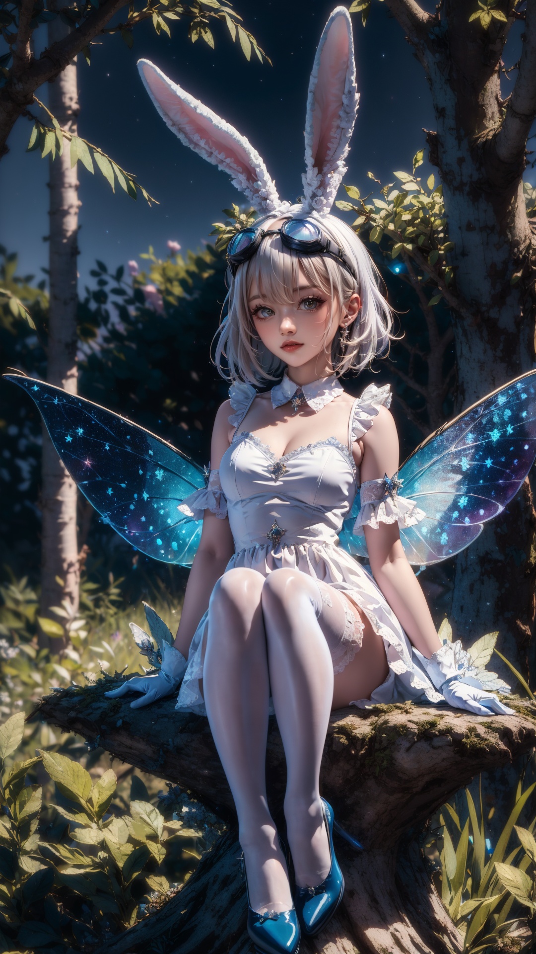 tutututu,1girl,solo,rabbit ears,white dress,white gloves,blue footwear,goggles on head,sleeveless dress,bangs,blue bow,white hair,short hair,white thighhighs,<lora:SY-000010:0.65>,Forest fairy,Van Gogh-inspired brushstrokes,swirling starry night sky,iridescent wings,ethereal glow around fairy,delicate features,enchanted woodland setting,vivid greenery,impressionistic flowers,whimsical,playful pose,sitting on a toadstool,shimmering light particles,whirls of vibrant colors,expressionistic nature elements,artistic texture and depth,soft moonlight filtering through trees,(best quality,4k,8k,highres,masterpiece:1.2),ultra-detailed,HDR,UHD,studio lighting,sharp focus,physically-based rendering,extreme detail description,professional,vivid colors,bokeh,