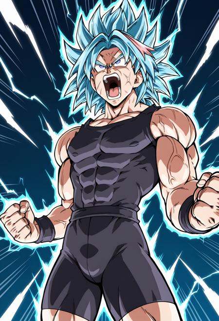 masterpiece, best quality, high resolution, source_anime, highly detailed illustration, detailed eyes,  very aesthetic, absurdres, newest, amazing quality, 1boy, solo, astolfo \(fate\), cowboy shot, skinny, muscular, wristband, male focus, <lora:shidbzpowerupV1ill:1.0>, shidbpowerup, spiked hair, super saiyan,aura, blue hair, screaming, teeth, shouting, meme, electricity, blue aura, glowing, energy, veins, blue eyes, angry, battle,clenched hands, motion lines, motion blur, emphasis lines,