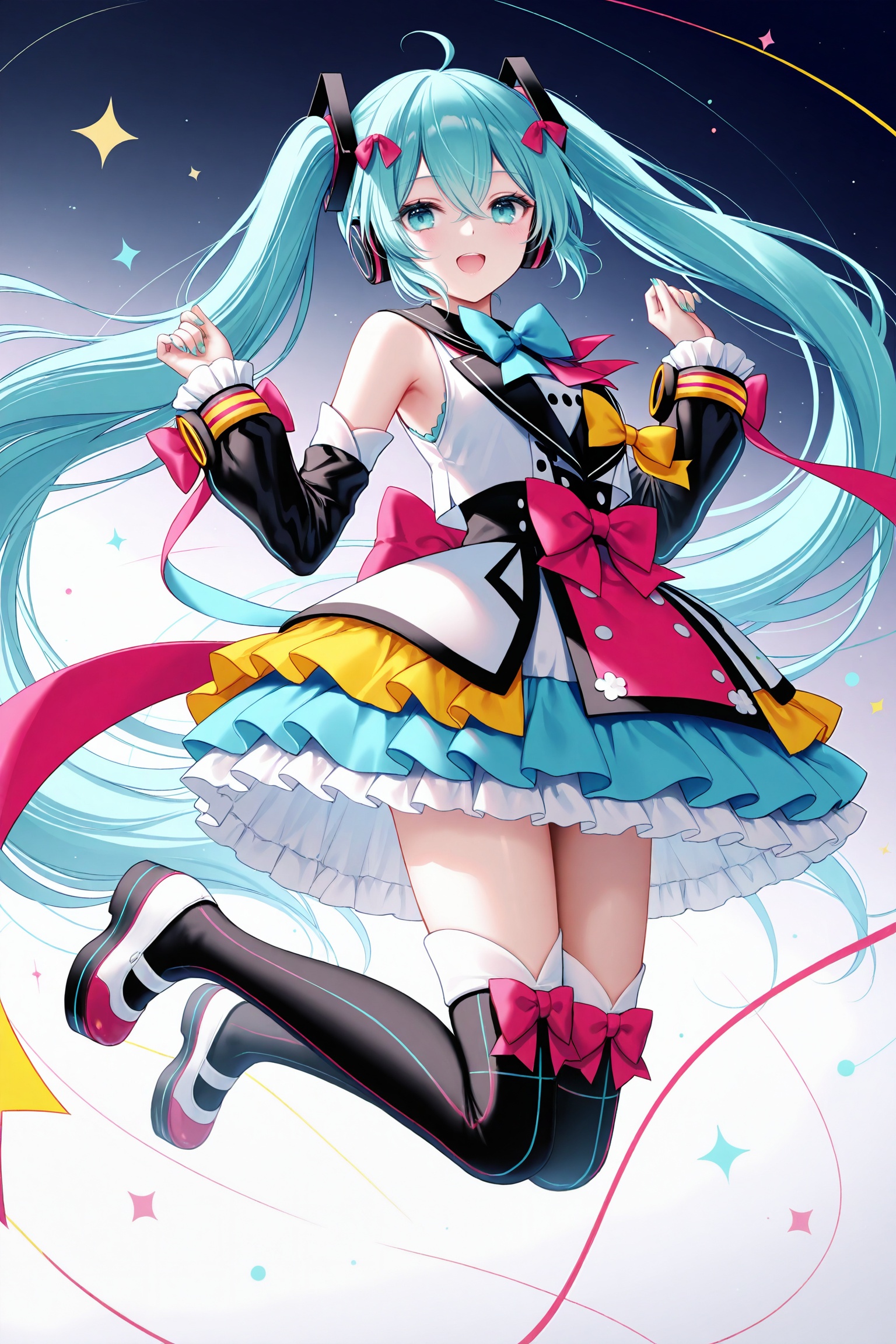 masterpiece,best quality,newest,absurdres,highres,soft shadows,photorealistic,(chen bin:0.5),(hiten \(hitenkei\):0.4),(rimuu:0.5),(mignon:0.5),(sheya:0.6),<lora:MMM2018XLNAI:1>,magical mirai miku \(2018\),black sleeves,ribbon,bowtie,headphones,uwabaki,hair ornament,detached sleeves,multicolored dress,frilled dress,blue bow,bow legwear,platform footwear,full body,jumping,legs up,