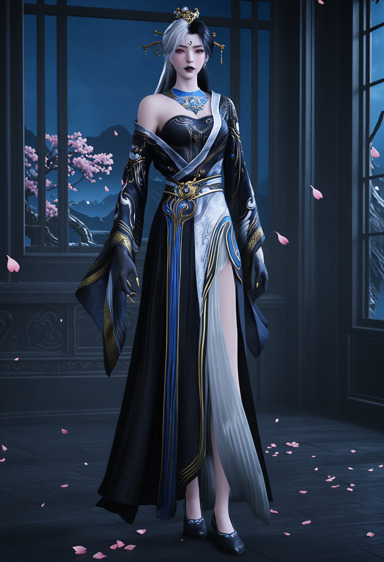 (standing full_body:1.1),(looking at viewer:1.1),masterpiece,(best quality),smog,Dark room,dim lighting,peach blossom,falling petals,<lora:YQ_Illustrious光辉v5_阴阳教圣女_V1:0.8>,q1528437228,1girl,dress,solo,hair ornament,long hair,jewelry,black hair,earrings,white hair,forehead mark,red eyes,hair stick,multicolored hair,two-tone hair,forehead jewel,hair bun,wide sleeves,long sleeves,black dress,gloves,grey hair,blue dress,chinese clothes,black gloves,sash,single hair bun,black lips,necklace,short hair,black footwear,fingernails,sharp fingernails,blue hair,colored skin,shoes,black nails,