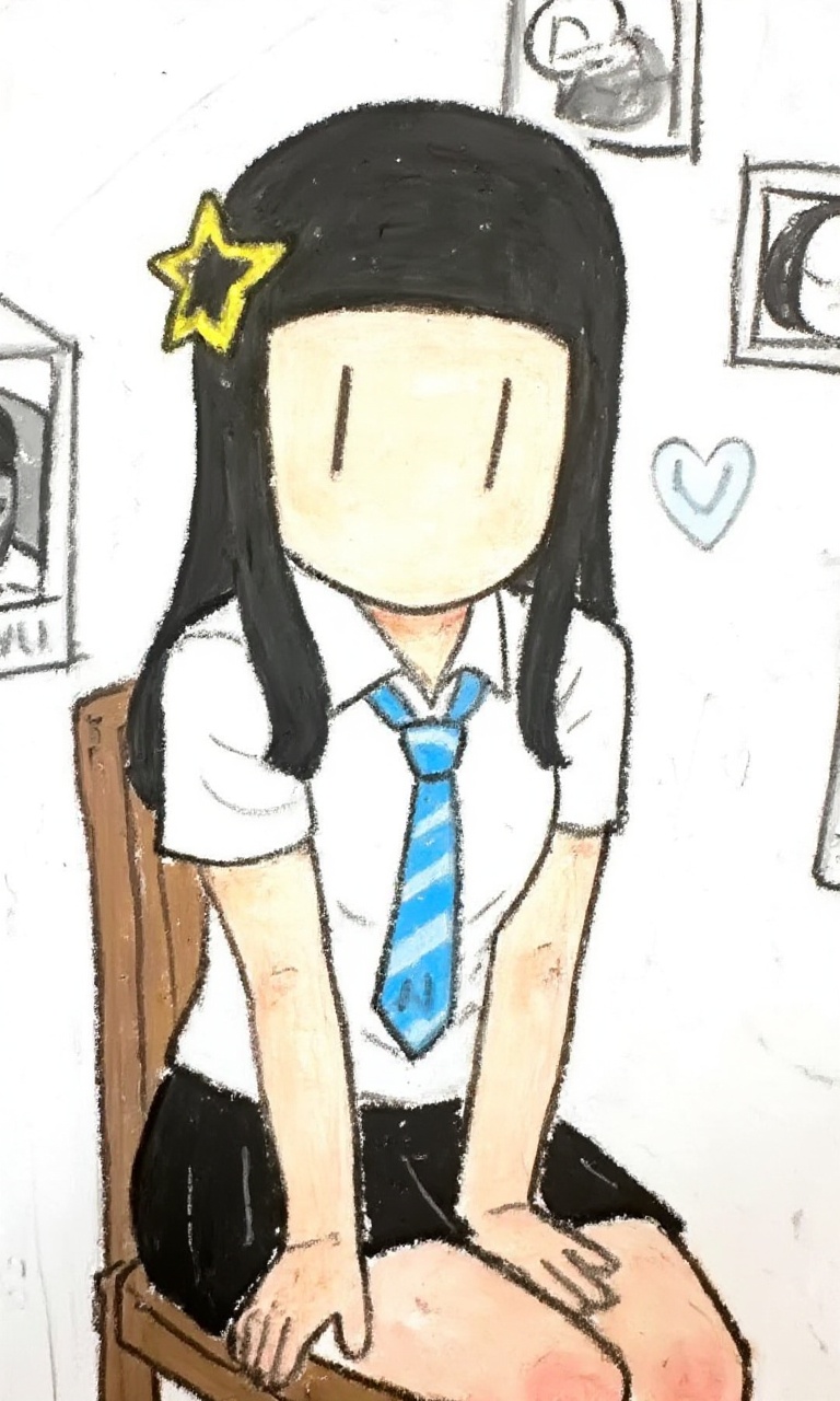 <lora:油画棒:1>，youhuabang-This is a high-resolution cartoon style image,In the picture, there is a woman wearing a white short-sleeved shirt and a black pleated skirt, with a blue and white striped tie. She has long black hair, sitting on a wooden chair with her hands resting on her knees, facing the camera, and her eyes are looking at the camera. She appears to be around 20 years old, slim, and her expression is calm. Her outfit consists of a white short-sleeved shirt, a blue and white striped tie, and a black pleated skirt. Her hair is flowing freely without bangs. The background is a white wall, hanging some black and white comics