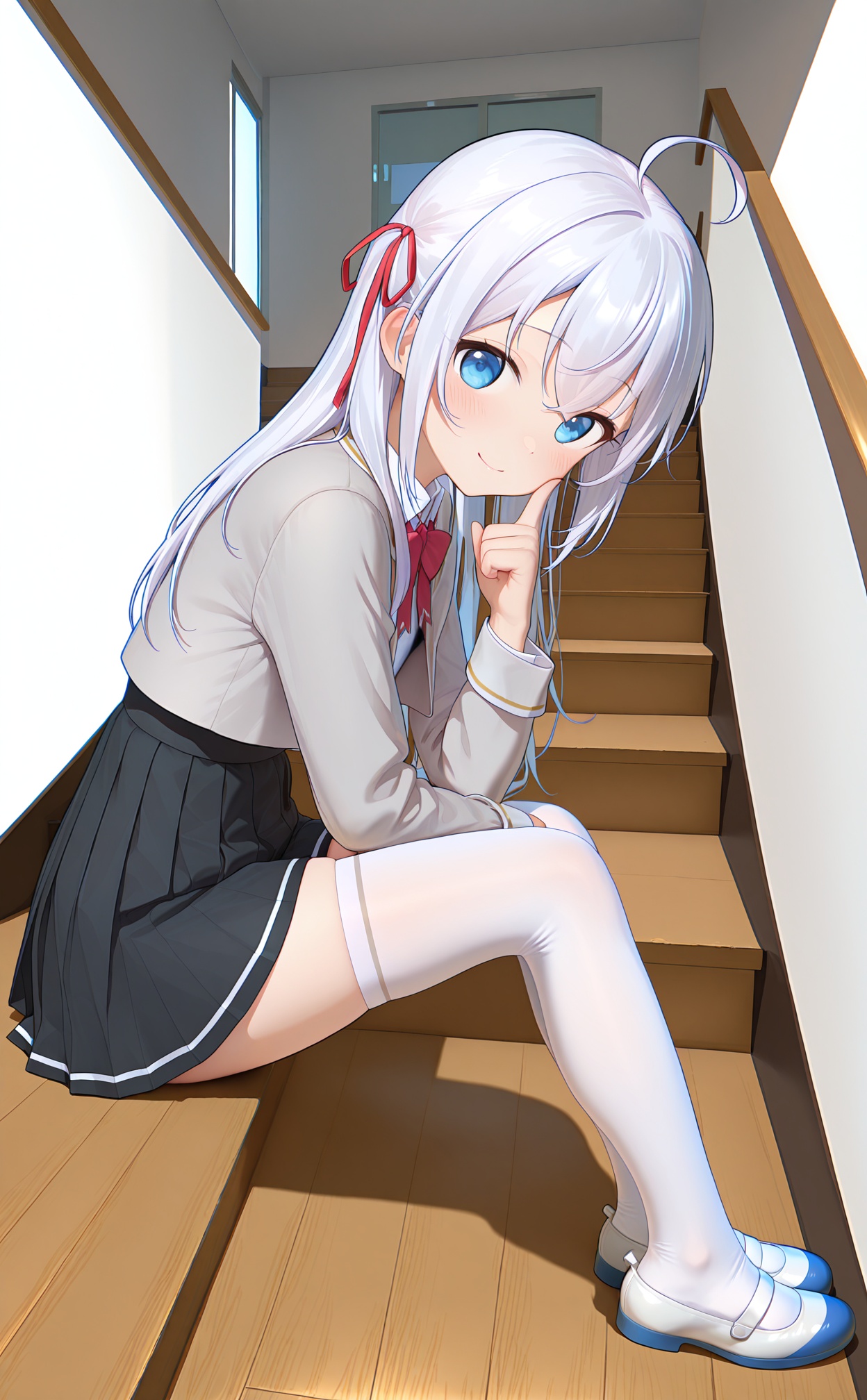 white_background,masterpiece,very aware,highres,absurdres,newest,best quality,high quality,chromatic_aberration,//,1girl,blue_eyes,thighhighs,sitting,solo,long_hair,stairs,ahoge,white_thighhighs,ribbon,looking_at_viewer,hair_ribbon,white_hair,smile,bowtie,indoors,shoes,sitting_on_stairs,bow,finger_to_cheek,collared_shirt,red_bowtie,closed_mouth,skirt,red_ribbon,crossed_bangs,school_uniform,full_body,long_sleeves,from_side,red_bow,zettai_ryouiki,white_footwear,blush,shirt,wooden_floor,index_finger_raised,looking_to_the_side,jacket,white_shirt,cropped_jacket,leaning_forward,high-waist_skirt,wing_collar,black_skirt,sidelocks,hallway,cover_image,hair_between_eyes,uwabaki,pleated_skirt,dress,miniskirt,hand_up,thighs,grey_jacket,mary_janes,//,//,absurdres,newest,very aesthetic,amazing quality,highres,sensitive,highres,ultra detailed,best anatomy,HDR,8K,high detail RAW color art,high contrast,//,<lora:himitsu——【noob】hans:1>,