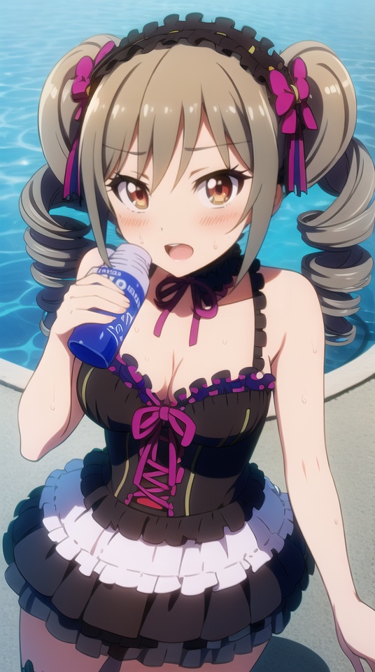(best quality), ((masterpiece)), (highres), illustration, original, extremely detailed, <lora:二次元大系·泳装大赏章节四:0.8>yyds, 1girl, kanzaki ranko, solo, water bottle, grey hair, bottle, twintails, drill hair, twin drills, swimsuit, red eyes, bikini, breasts, smile, sweat, hairband, medium breasts, open mouth, lolita fashion, cleavage, ribbon, looking at viewer, bow
