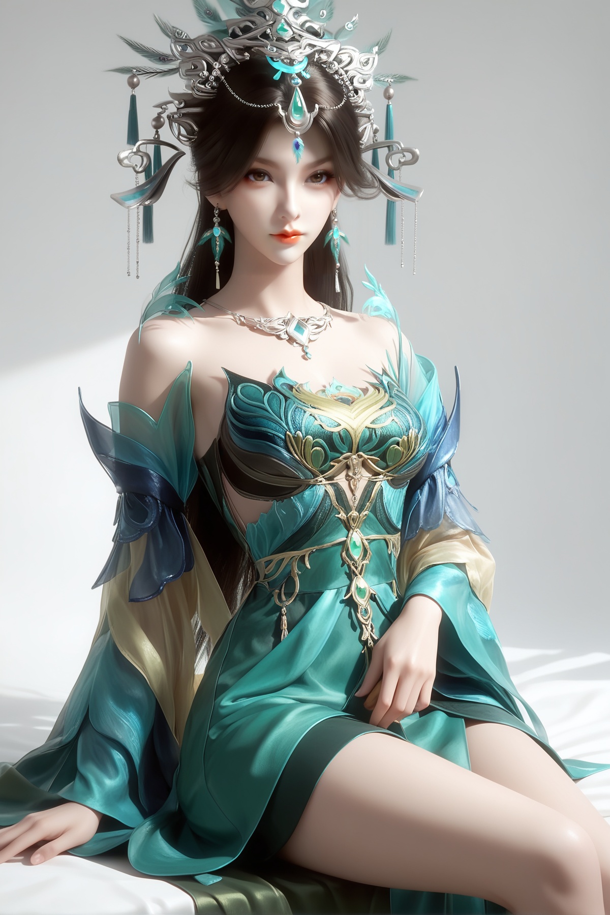 score_9,score_8_up,score_7_up,<lora:wy_yanqingfei_XL7.0:0.8>,1girl,long hair,breast,medium breast,hair_ornament,dress,black hair,brown eyes,thick_thighs,sitting,simple background,white_background,wetting,dark,green_dress,