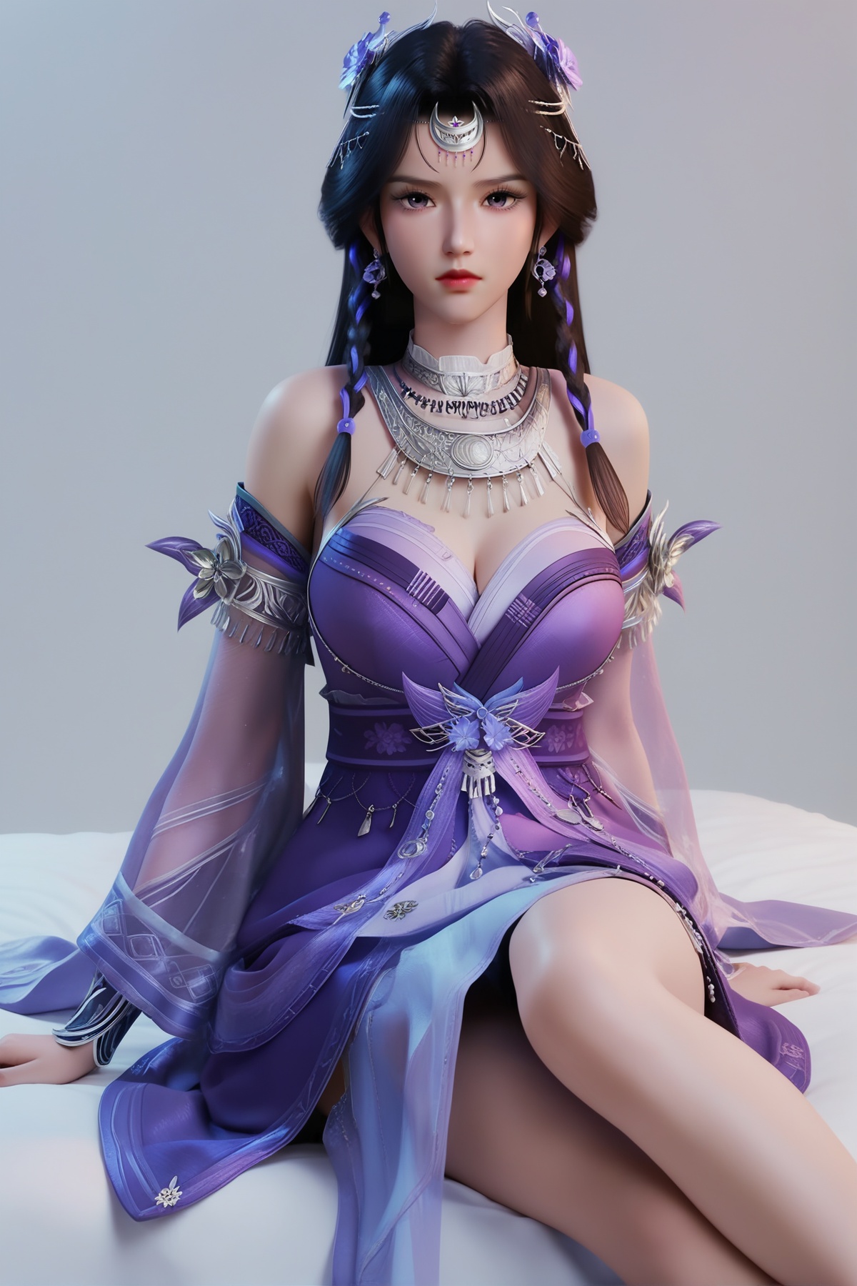 score_9,score_8_up,score_7_up,<lora:wy_ziling_xl_XL7.0:1>,black hair,purple eyes,1girl,long hair,breast,medium breast,hair_ornament,dress,simple background,white_background,bed,looking_at_viewer,sitting,sitting_on_bed,thick_thighs,purple_dress,