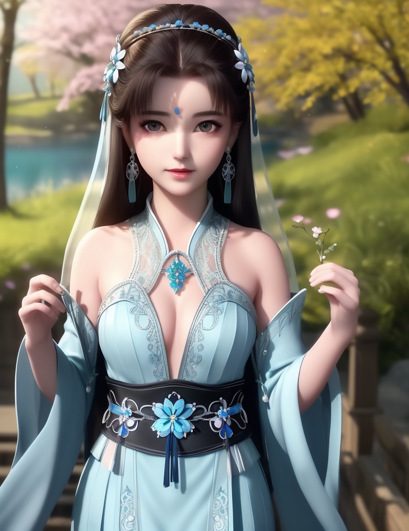 ultra realistic 8k cg, picture-perfect face, flawless, clean, masterpiece, professional artwork, famous artwork, cinematic lighting, cinematic bloom, perfect face, beautiful face, fantasy, dreamlike, unreal, science fiction,  beautiful clothes, lace, lace trim, lace-trimmed legwear,  (rich:1.4), prestige, luxury, jewelry, diamond, gold, pearl, gem, sapphire, ruby, emerald, intricate detail, delicate pattern, charming, alluring, seductive, erotic, enchanting, hair ornament, necklace, earrings, bracelet, armlet,halo((,1girl, pov,))(((,blue flower, , 1girl, tree, spring_\(season\), solo, petals, black_hair, japanese_clothes,looking at viewer, )))  <lora:DA_LanLingEr:0.6>