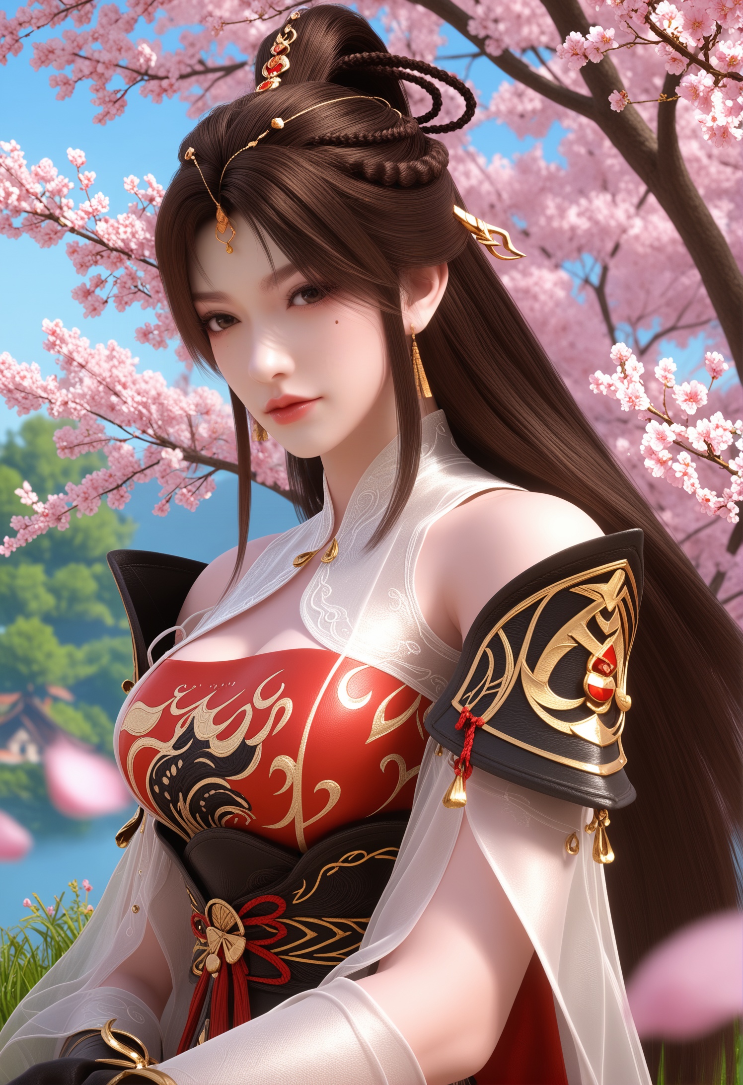 score_9,score_8_up,score_7_up,1girl,solo,realistic,(looking at viewer:1.1),(portrait:1.4),1girl,solo,realistic,dress,red dress,black dress,white dress,china dress,chinese clothes,tassel,shoulder cutout,shoulder armor,armor,see-through,detached sleeves,see-through sleeves,gold trim,black shorts,forehead mark,facial mark,forehead jewel,elbow gloves,fingerless gloves,clothing cutout,black gloves,1girl,solo,realistic,jewelry,circlet,hair ornament,hair rings,earrings,gold earrings,1girl,solo,realistic,(mature face:1.2),(big eye:0.7),(pale_skin:1.1),(shiny_skin:1.1),slender face,long hair,brown hair,brown eyes,hair bun,braid,bare shoulders,makeup,eyeshadow,eyelashes,red lips,lips,ponytail,mole under eye,closed mouth,realistic,grass,madotsuki,cherry blossoms,falling petals,petals,outdoors,tree,rock,water,medium breasts,(cleavage:1.1),cleavage cutout,<lora:小巳-云望舒-战斗服2:0.85>,