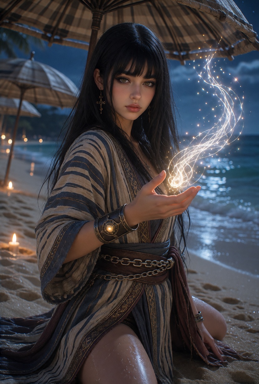 NylaX,  long straight black hair with blunt bangs,  . A sandy beach lined with umbrellas on Tensor.Art