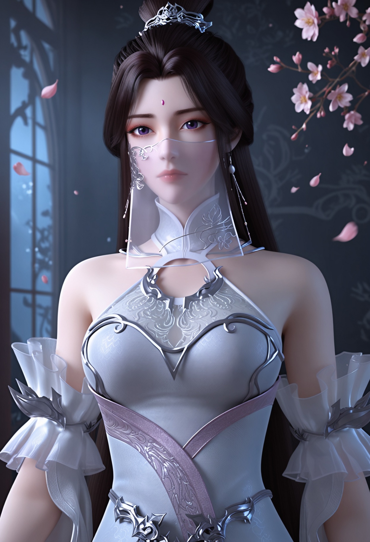 (upper_body:1.2),(looking at viewer:1.1),masterpiece,(best quality),smog,Dark room,dim lighting,peach blossom,falling petals,<lora:YQ_Illustrious光辉v5_月婵2.0_V2:0.8>,q1528437228,1girl,solo,long hair,white dress,jewelry,earrings,forehead mark,black hair,brown hair,hair ornament,hair bun,mouth veil,detached sleeves,single hair bun,purple eyes,breasts,expressionless,shoes,see-through,