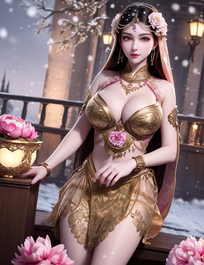 ultra realistic 8k cg, picture-perfect face, flawless, clean, masterpiece, professional artwork, famous artwork, cinematic lighting, cinematic bloom, perfect face, beautiful face, fantasy, dreamlike, unreal, science fiction,   lace, lace trim, lace-trimmed legwear, luxury, jewelry, diamond, gold, pearl, gem, sapphire, ruby, emerald, intricate detail, delicate pattern, charming, alluring, seductive, erotic, enchanting, hair ornament, necklace, earrings, bracelet, armlet,halo,autumn,((,1girl, pov,))  , ((((1girl, solo,outdoors, large breasts, snow, peony \(flower\),  ))))  <lora:DA_MuQingQing:0.6>