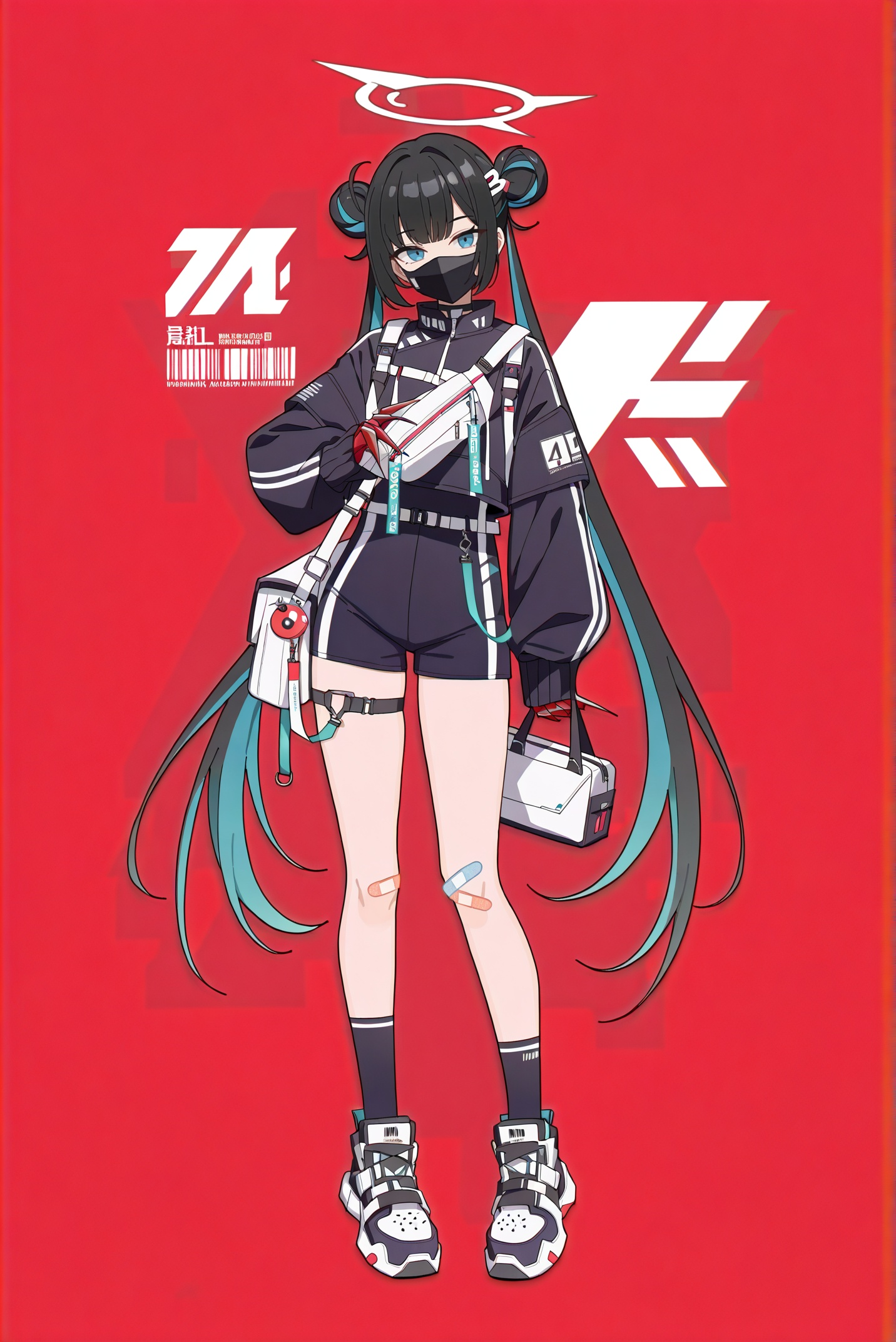 masterpiece,best quality,flat color,plane illustration,<lora:jijia-gnoobv-Tanger-000014:0.7>,jijia,2d,anime,1girl,black hair,bandaid,halo,red background,long hair,solo,bandaid on leg,hair bun,mask,bag,double bun,barcode,mouth mask,socks,looking at viewer,full body,twintails,claws,multicolored hair,hair ornament,blue eyes,bangs,wings,very long hair,shorts,an anime character with a panda on her arm,this is a drawing of a anime girl with different outfits,