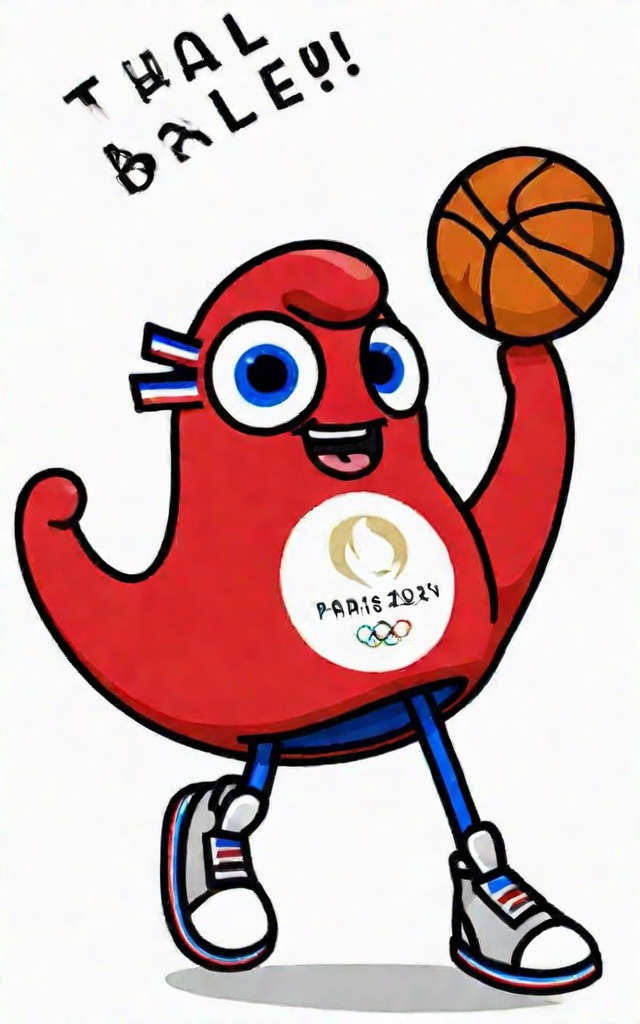 1boy, arms up, ball, blue eyes, english text, full body, glasses, happy,  no humans, parisayjixiang, red footwear, shoes, simple background, smile, solo, standing, playing basketball, white background, white footwear,  <lora:XL_ParisAYJixiang.128:0.7>