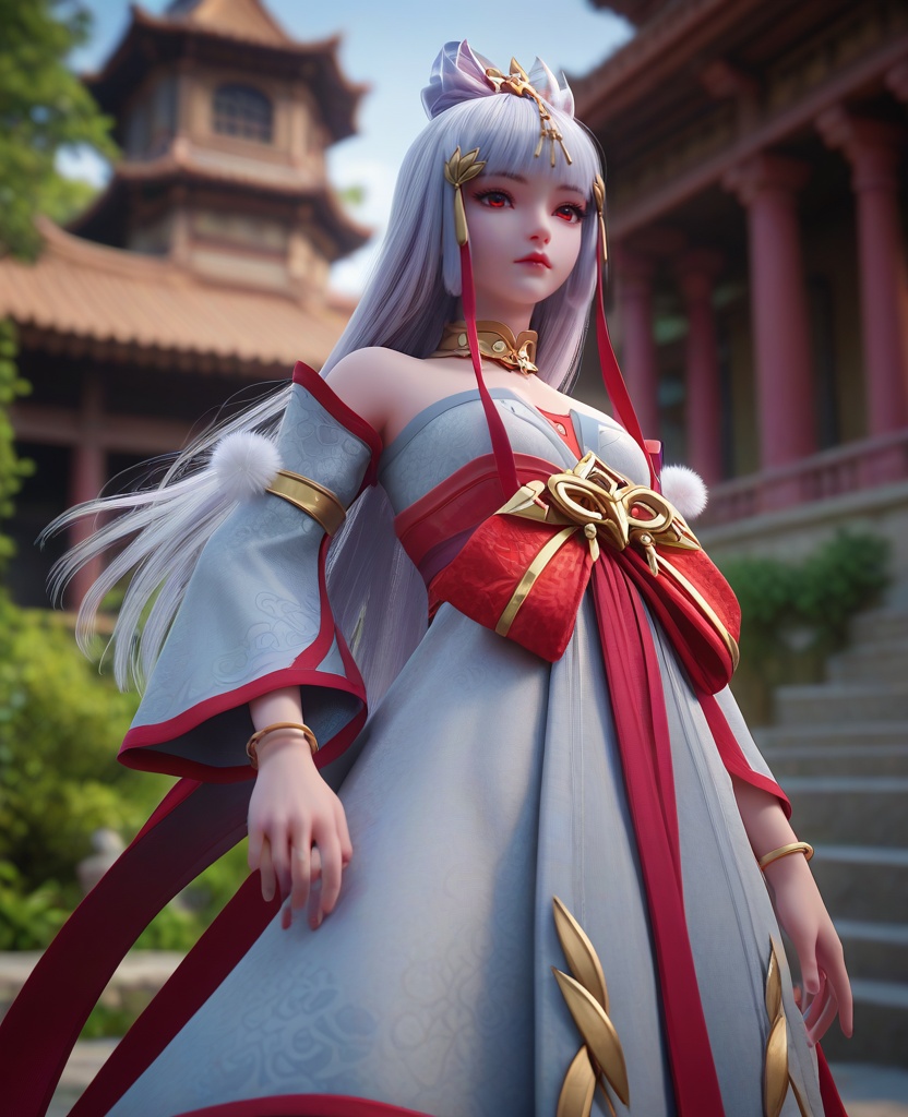 (oriental architecture, elegant decor, sophisticated style:1.1),Legs apart, one hand on her hip and the other raised as if holding a bow, she channels the spirit of a legendary warrior,(breasts:1.2),<lora:XL完美世界太阴玉兔:0.8>,miss taiyinyutu,petite girl,solo,white strapless dress,detached sleeves,red eyes,white hair,long hair,blunt bangs,hair bow,hair ribbon,lips,bow sash of red,jewelry,bangle,choker,pom pom \(ornament\),chiffon  petticoat,clothing patterns,eyelashes,, zPDXL2, score_9, score_8_up, score_7_up BREAK realistic, masterpiece,best quality, highly detailed,, zPDXL3, zPDXL2,zPDXL, zPDXLxxx, zPDXLrl,