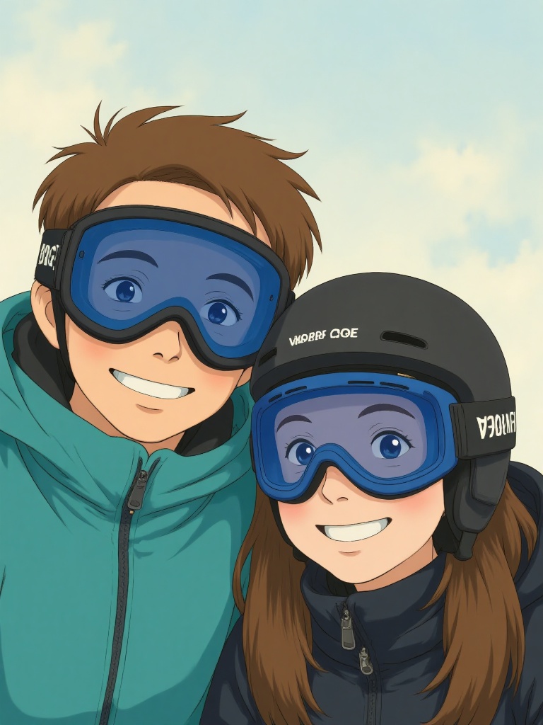 cpppppi, This is a digital drawing in an anime style featuring two smiling children, a boy and a girl, wearing ski goggles and helmets labeled "Van Bergen." The boy has light brown hair and wears a teal jacket, while the girl has brown hair and a black jacket. Both have blue-tinted goggles. The background is a soft, cloudy sky. . Ghibli character style,