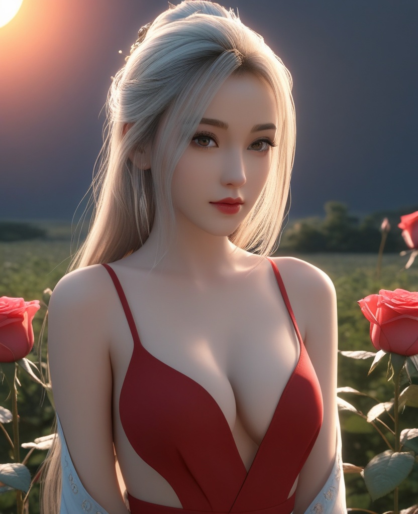 <lora:571-DA-XL-眷思量-奉眠:0.8>(,1girl, ,best quality, ),looking at viewer,masterpiece, (( , )),, realistic,science fiction,mole, ultra realistic 8k cg, sun ,  rose,(cleavage), (),