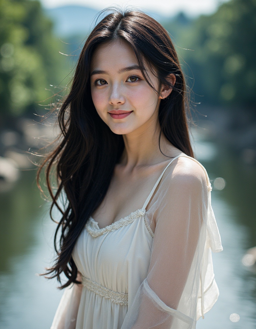 film grain, 1girl, solo, realistic, black hair, looking at viewer, dress, long hair, smile, white dress, brown eyes, photorealistic, upper body, river,