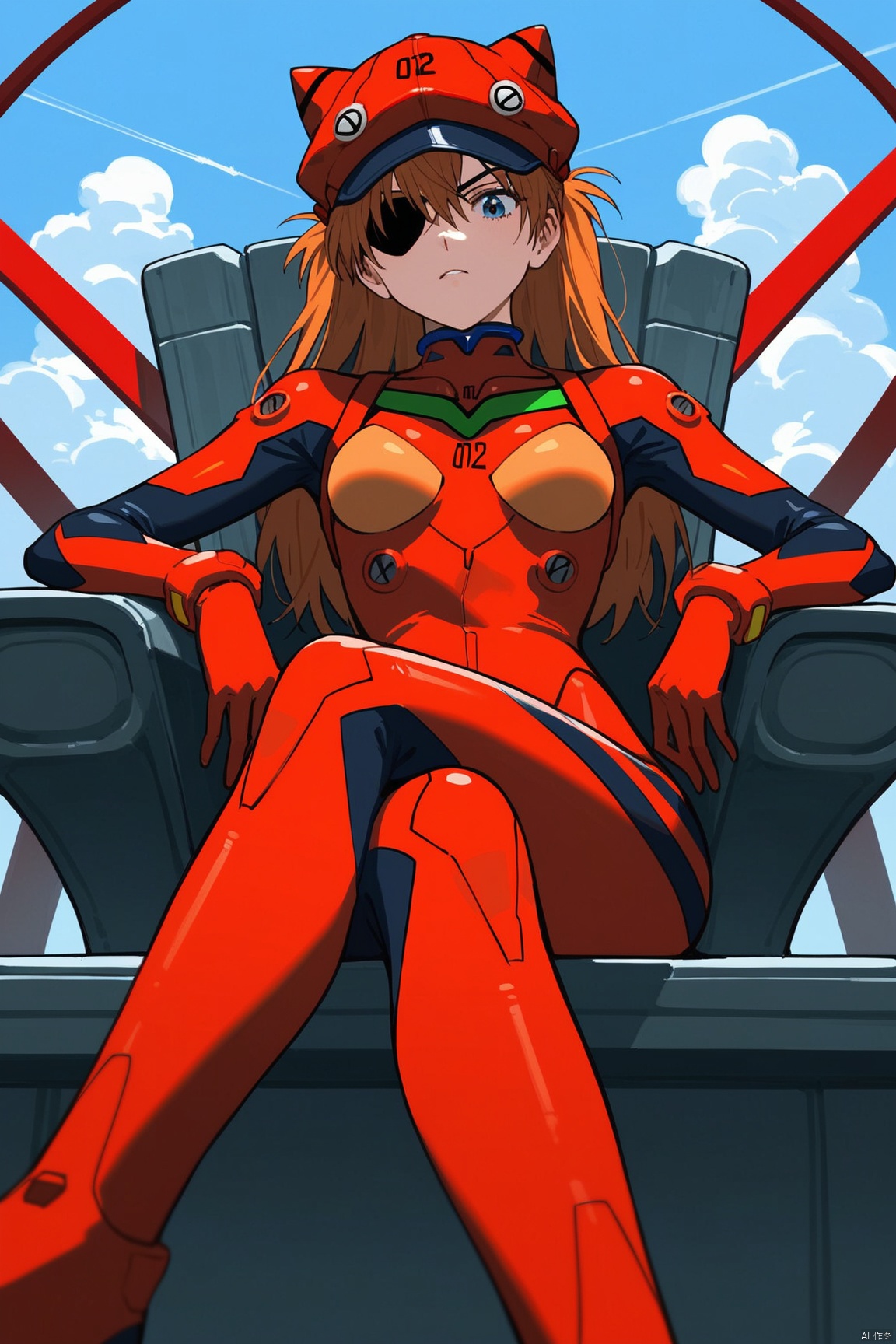 score_9, score_8_up, score_7_up, score_6_up, score_5_up, score_4_up, 1girl, souryuu asuka langley, neon genesis evangelion, rebuild of evangelion, lance of longinus, cat hat, plugsuit, pilot suit, red bodysuit, sitting, crossed legs, black eye patch, throne, looking down, from bottom, looking at viewer, outdoors