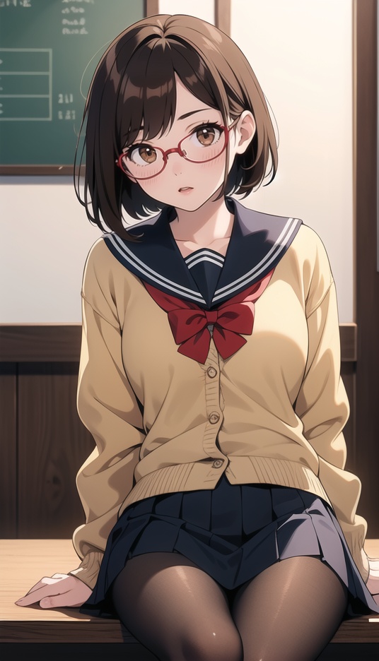(best quality), ((masterpiece)), (highres), illustration, original, extremely detailed,1girl, pantyhose, solo, glasses, red-framed eyewear, school uniform, short hair, blush, cardigan, sitting, bandages, brown eyes, brown hair, eyewear removed, skirt, black pantyhose, serafuku