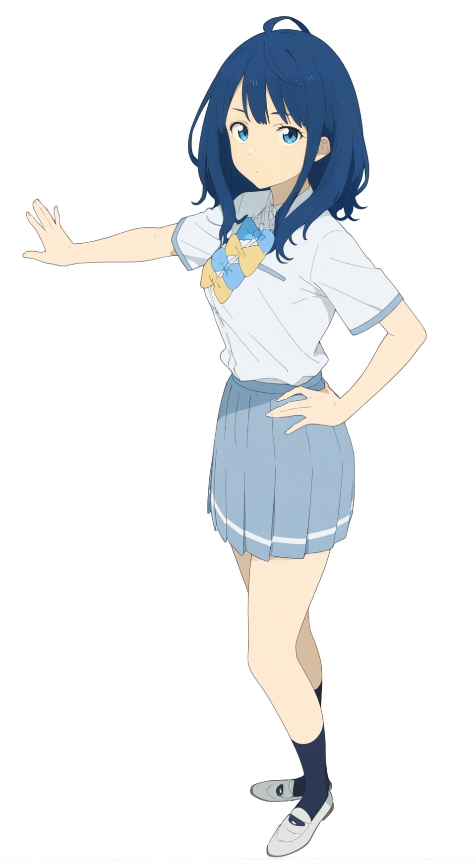 8k, best quality, masterpiece, (ultra-detailed), (high detailed skin), flat color, (white background,simple background:1.3), solo, hands on hip, (full body:1.1), looking at viewer, <lora:Yanami_Anna-a3-Tanger:0.8>, Yanami Anna, 1girl, blue hair, blue eyes, default clothes, socks, white shirt, shoes, short sleeves, blue collared shirt, school uniform, 