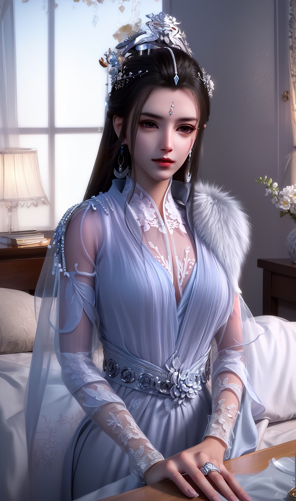 masterpiece,(best quality),official art, extremely detailed cg 8k wallpaper,((crystalstexture skin)), (extremely delicate and beautiful),highly detailed,1girl,solo,long hair,headwear,(sitting)),(hair),,(clothes:0.999),(dress:0.987),(chinese_clothes:0.897),(upper body),(medium breasts),((hair_ornament)),jewelry,earrings(sunshine, indoor,bed),((looking_at_viewer)),((Facing the camera)),, <lora:hipoly3DModelLora_v10:0.3>