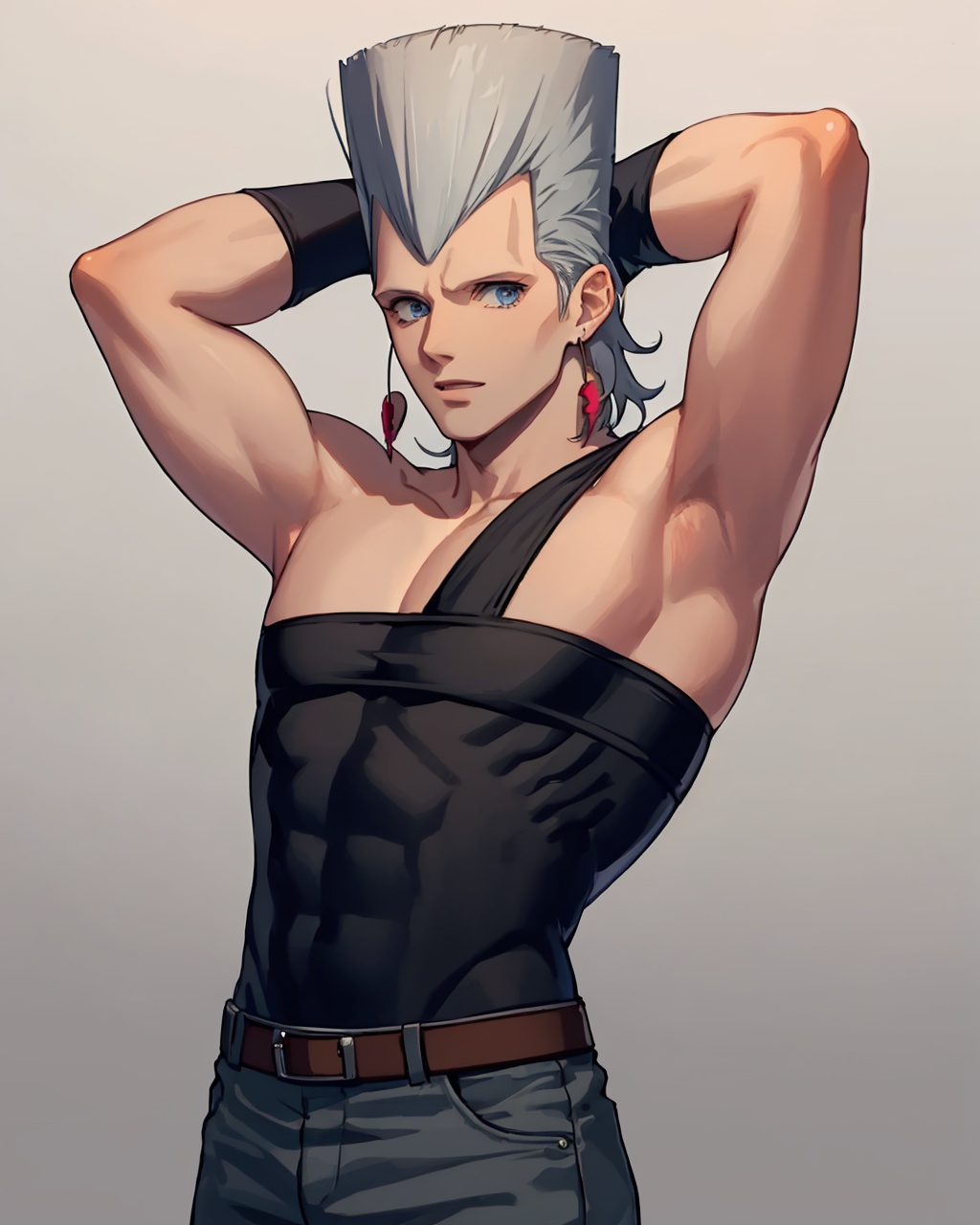 masterpiece,best quality, highly detailed, jean pierre polnareff,solo, earrings, 1boy, male focus, traditional media, muscular, armpits, wristband, arms up,<lora:jean_pierre_polnareff:1>