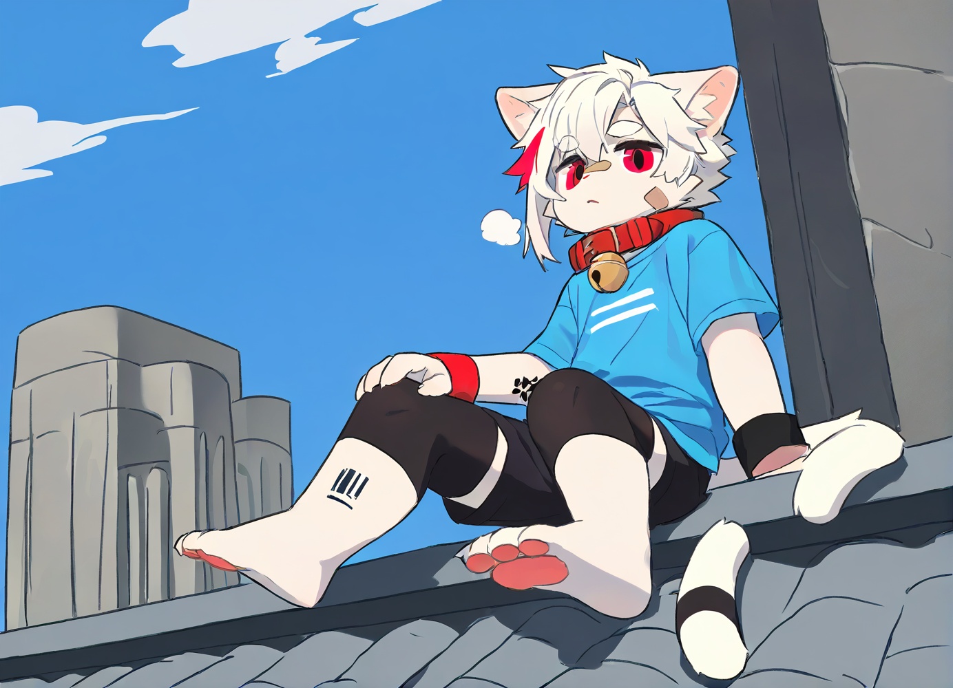 furry,Right mid length drooping frontal hair,(Asymmetric hair on the temples:1.2),Expose left shoulder,wristband,thick eyebrows,barcode tattoo,heavy_breathing,AKIRA,cat boy,1boy,solo,male_focus,(white_hair:0.8),red eyes,[bell on collar,Collar,Cortical collar,Large collar],(blue t-shirt,black_leggings under shorts,black bike_shorts),(barefoot) BREAK dutch angle,vanishing point,sitting on rooftop,(blue sky,cloud,wind),(masterpiece, best quality:1.1),foot focus,bandage on nose,bandage on leg,Tail decoration,cat tail,<lora:furry工坊:0.5>,