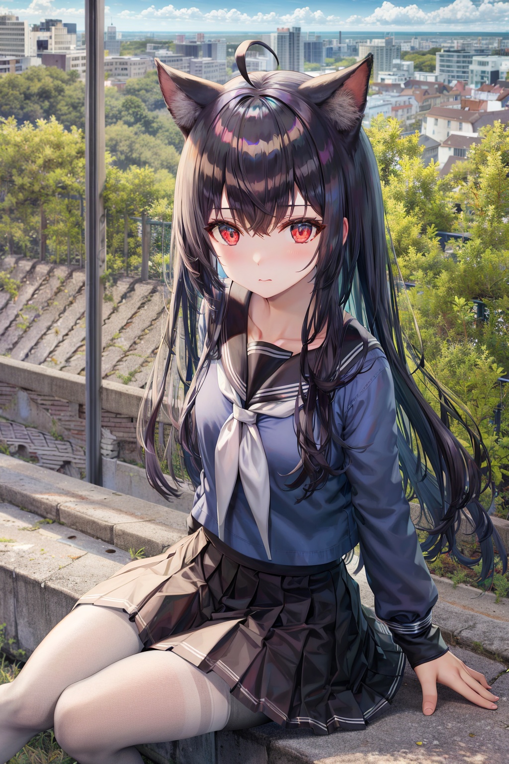 <lora:艺术家_torino3:1>, ((masterpiece, best quality)), a girl, solo, skirt, sky, sitting, pantyhose, serafuku, cloud, black gloves, outdoors, neckerchief, day, bangs, fence, shirt, ahoge, rooftop, long hair, (white pantyhose), black hair, school uniform, white sailor collar, red eyes, sailor collar, blue skirt, red neckerchief, (blue serafuku), animal ears, blue sky, long sleeves, (blue shirt), looking at viewer, closed mouth, cat ears, chain-link fence, pleated skirt, cloudy sky
