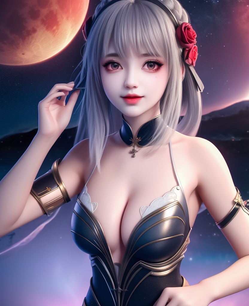<lora:554-DA-武动乾坤-林青檀-V2:0.8>(,1girl, ,best quality, ),looking at viewer,  ,,ultra detailed background,ultra detailed background,ultra realistic 8k cg,, ,masterpiece, (( , )),, ,science fiction,mole, ,    ,red moon, black rose,     (cleavage), (),