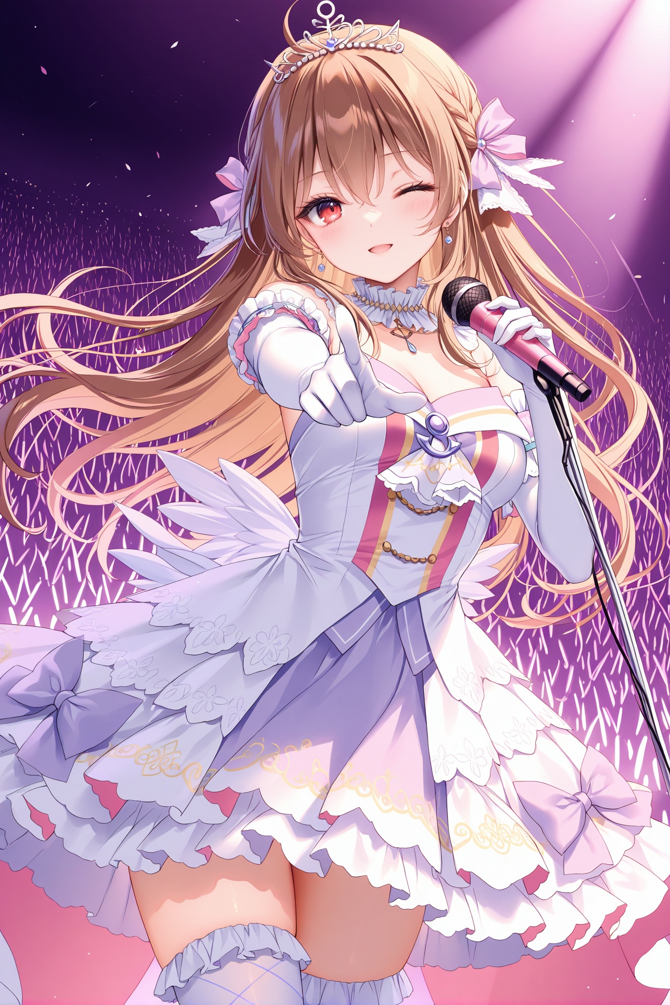 masterpiece, best quality, newest, absurdres, highres,(toosaka asagi: 0.5),(hiten \(hitenkei\):0.4),(rimuu:0.5),(mignon:0.5),(sheya:0.6),light smile,open mouth, one eye closed,  ensemble style, aoi(ensemble), red eyes, brown hair, hair ribbon, long hair, braid,aquaidol, white thighhighs, frilled dress, two-tone dress, print thighhighs, frilled thighhighs,elbow gloves,tiara,cowboy shot,standing,outstretched hand, arm up,stage, holding microphone stand, pointing at viewer,  <lora:AoiXLNAI:1>,<lora:aquaidolXLNAI:1>