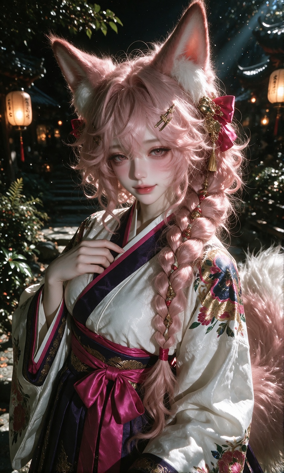 a photo of a young woman with voluminous pink curly hair styled into a long braid and adorned with fluffy fox ears gazes d...