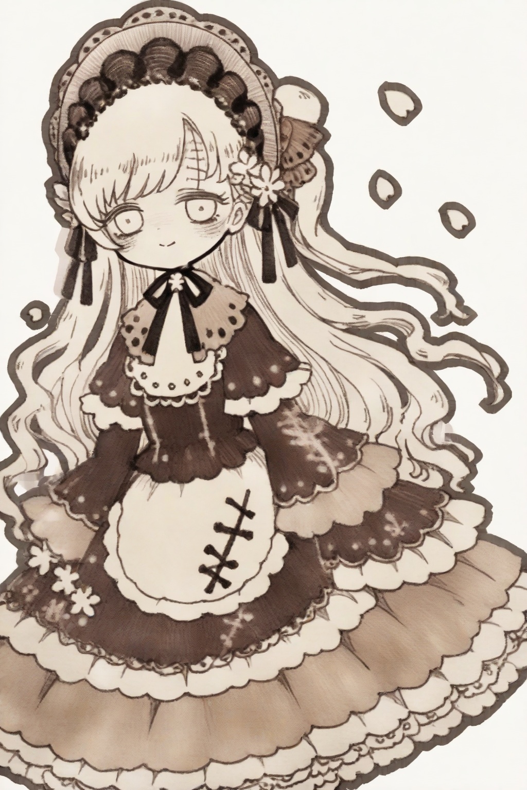 1girl,bonnet,solo,dress,umbrella,long hair,flower,holding,traditional media,frills,watercolor \(medium\),painting \(medium\),smile,long sleeves,holding umbrella,brown dress,ribbon,apron,frilled dress,looking at viewer,white flower,brown ribbon,lolita fashion,skirt hold,white background,neck ribbon,petals,closed mouth,<lora:mnsp Texture2D:1>,
