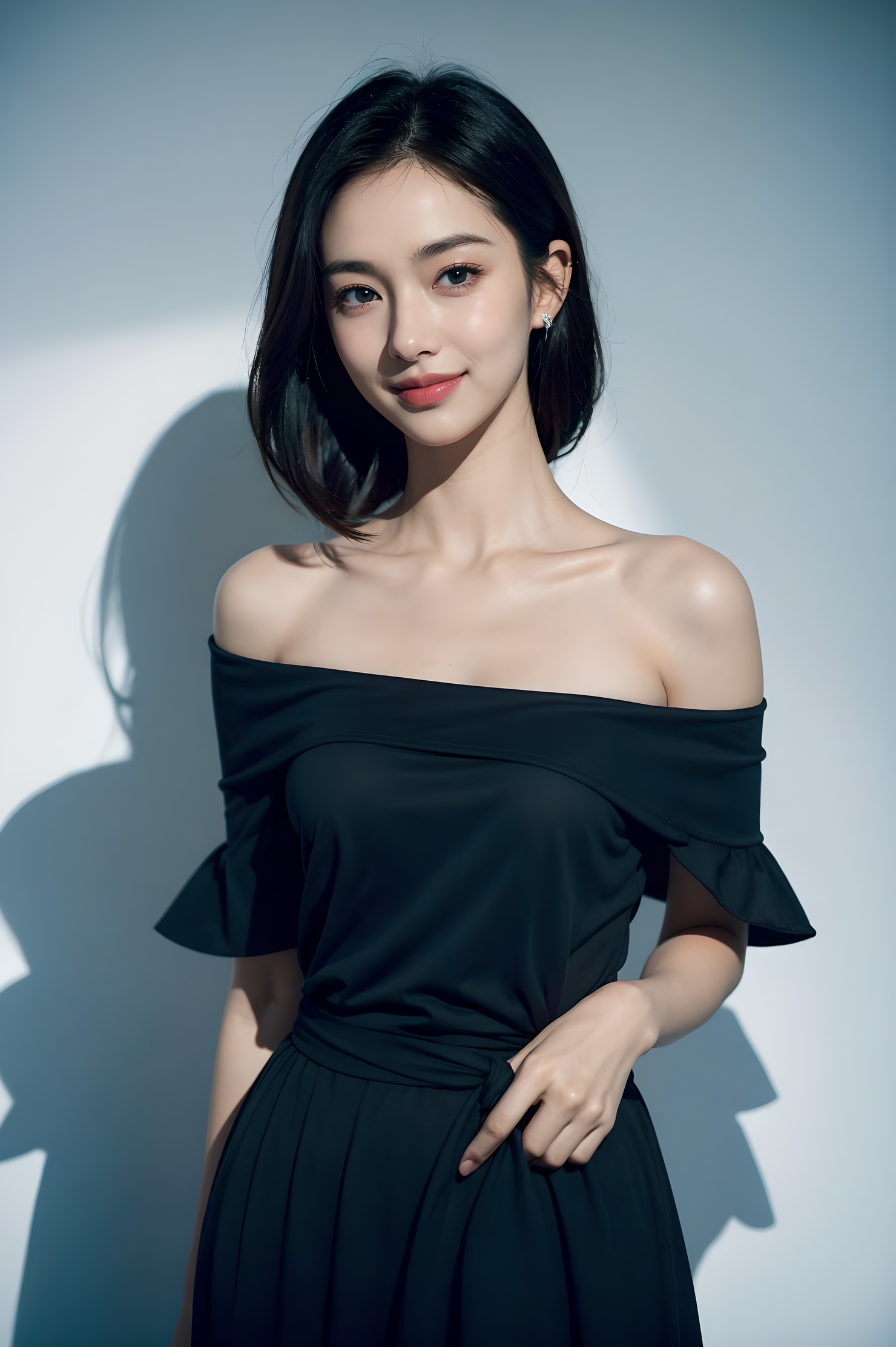 1girl, offshoulder, smile, cute, waist up, deep shadow, in the dark, low key.best quality, masterpiece, (photorealistic:1.4) .