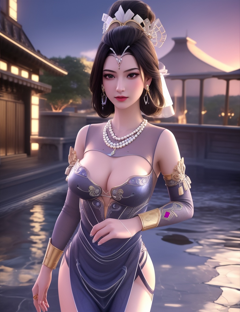 <lora:529-DA-诛仙-幽姨:0.8>(,1girl, ,best quality, ),looking at viewer,  ,ultra detailed background,ultra detailed background,ultra realistic 8k cg,, ,masterpiece,((((1girl, solo,  , solo focus, ,walking on liquid, ))))    (cleavage), (), ,ultra realistic 8k cg,   clean, masterpiece,     cinematic lighting, cinematic bloom, , (( , )),,  , unreal, science fiction, luxury, jewelry, diamond, gold, pearl, gem, sapphire, ruby, emerald, intricate detail, delicate pattern, charming, alluring, seductive, erotic, enchanting, hair ornament, necklace, earrings, bracelet, armlet,see-through sleeves, ,