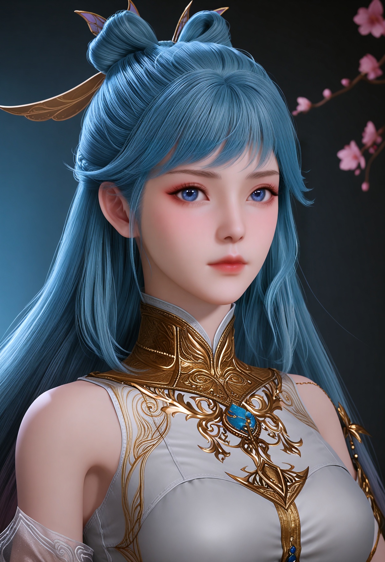 (upper_body:1.2),(looking_at_viewer:1.1),(masterpiece:1.1),(best quality:1.2),(intricate details),(smog:1.3),(Dark room:1.3),(dim lighting:1.3),peach blossom,falling petals,<lora:YQ_Illustrious光辉v5_唐舞桐_V1:0.8>,q1528437228:1.1),1girl,blue_hair,long_hair,hair_ornament,blue_eyes,bare_shoulders,realistic,jewelry,hair_rings,multicolored_hair,gradient_hair,hair_bun,dress,chinese_clothes,china_dress,long_dress,detached_sleeves,masterpiece,(best quality),(intricate details:0.9) BREAK (intricate details:0.9),(realistic skin:1.2),masterpiece,best quality,newest,absurdres,hiahres,