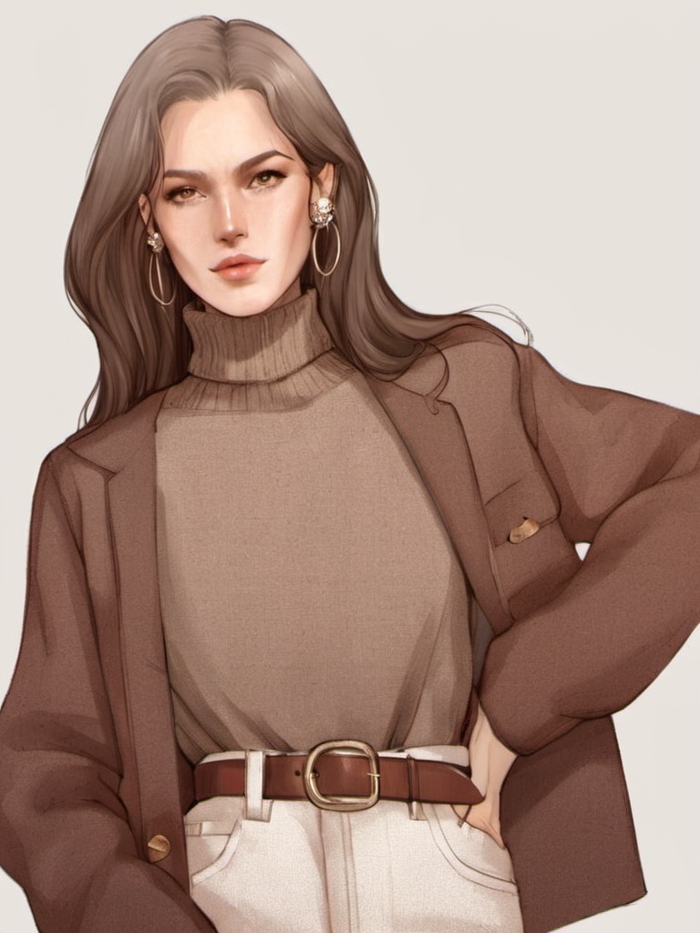 fushi, 1girl, solo, jewelry, earrings, brown pants, long hair, belt, pants, brown hair, looking at viewer, sweater, shadow, white sweater, parted lips, hands in pockets, simple background, cowboy shot, turtleneck,<lora:服饰_手绘插画_V1.0XL:0.8>, masterpiece, best quality,