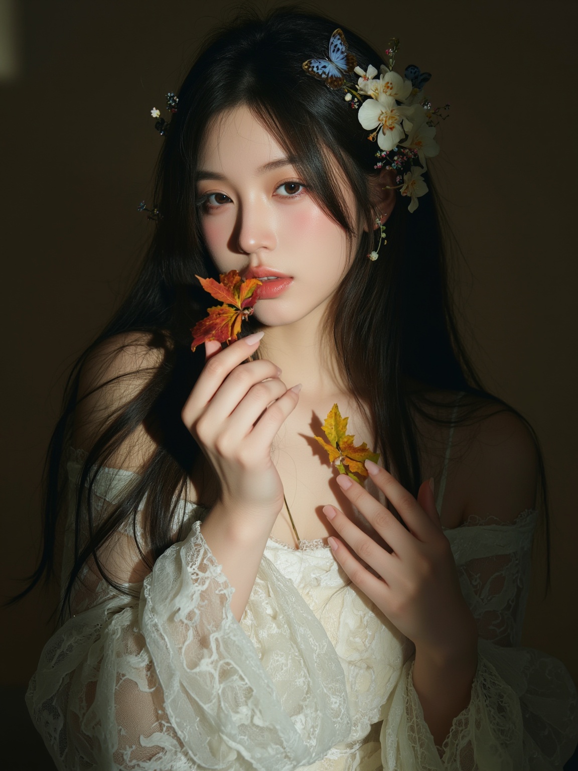 <lora:al.24:0.8>,a photograph in soft,warm light of a young east asian woman with long black hair,adorned with a hairpiece of white orchids and tiny,colorful butterflies,her delicate features include flushed cheeks and a serene expression as she holds autumn leaves to her lips,shes dressed in a white,flowing sleeve dress with lace detailing,the background is plain and dimly lit,emphasizing her ethereal presence,her style is romantic and delicate,with a touch of fantasy,theres a slight vignette effect,