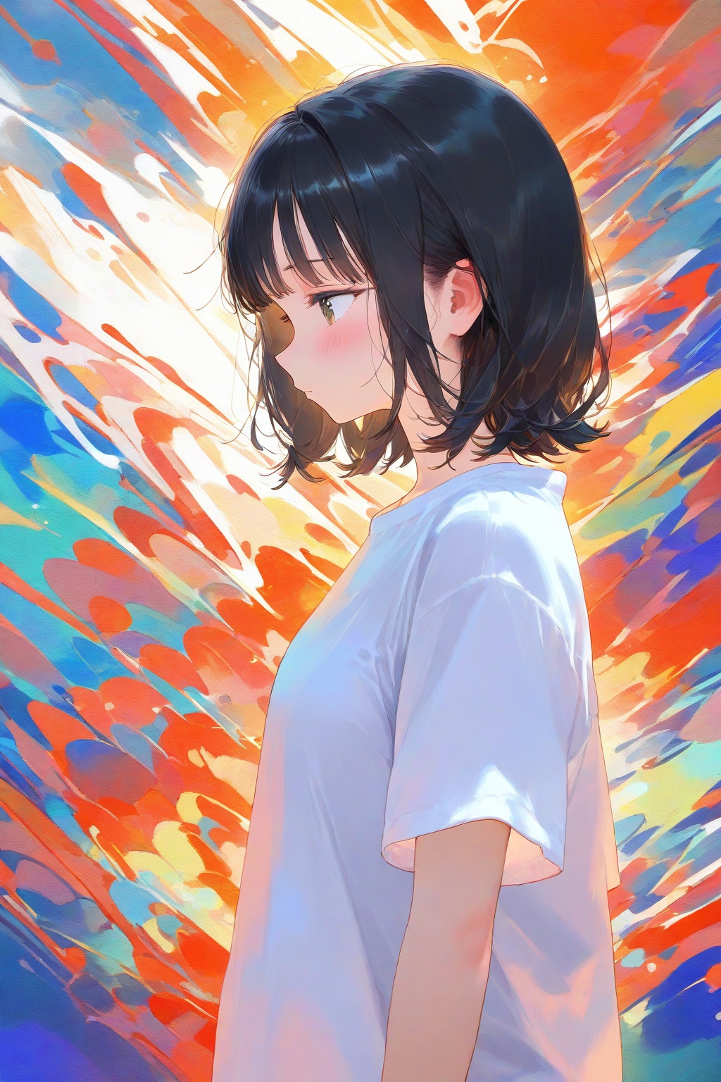 1girl, solo, blush, short hair, bangs, shirt, black hair, white shirt, upper body, short sleeves, medium hair, from side, profile, abstract, abstract background