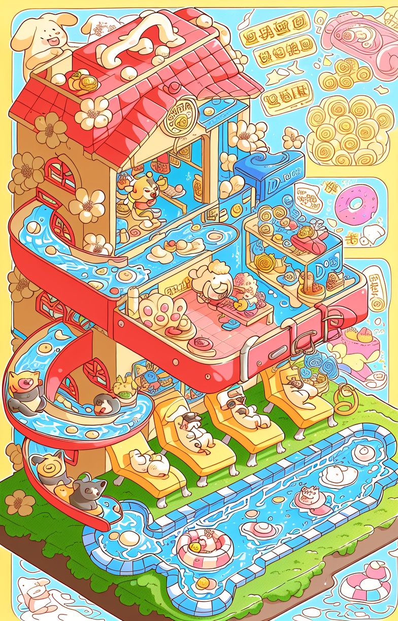 food,swim ring,isometric,flower,shirt,closed eyes,grass,water,open mouth,dog,smile,holding,innertube,blush stickers,white flower,cat,fruit,bag,furry,short sleeves,doughnut,potted plant,yellow background,sitting,yellow headwear,closed mouth,rubber duck,white outline,notice lines,pink flower,short hair,cup,window,sparkle,bread,mustache,stool,outline,plant,collar,isabelle \(animal crossing\),border,leaf,blue bag,yellow shirt,white shirt,^_^,lying,wading pool,yellow flower,fried egg,furry male,steam,holding food,eyelashes,<lora:插画:0.8>,