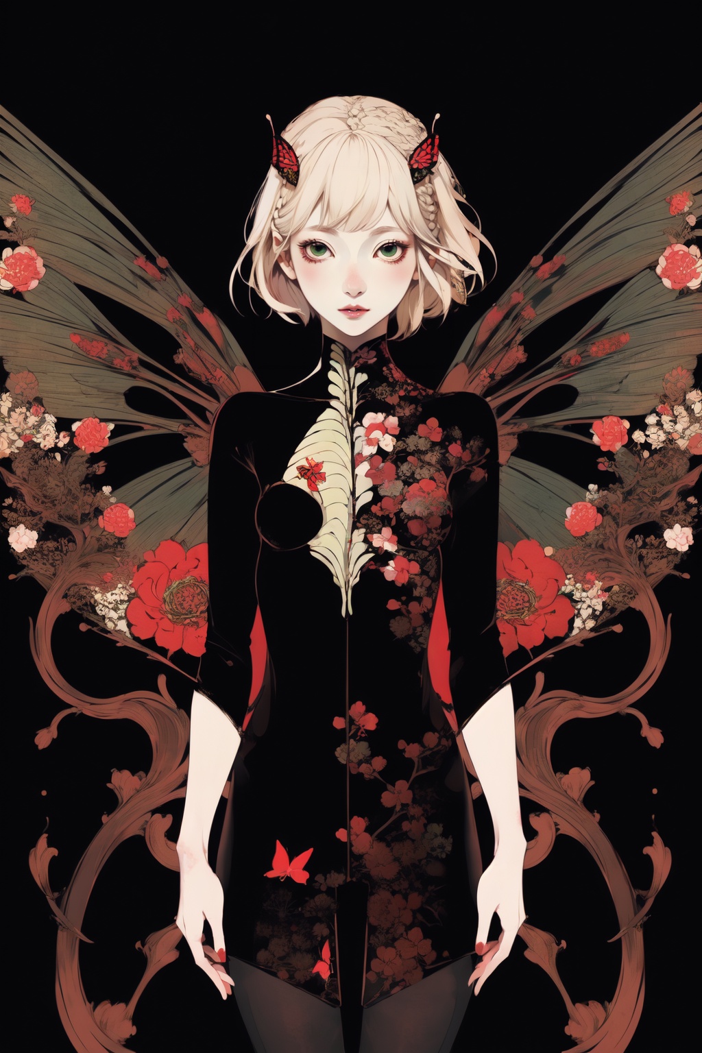 (style\(ukiyoe\):1.2),1girl,bug,solo,green eyes,butterfly,breasts,looking at viewer,flower,parted lips,blonde hair,bone,white background,short hair,bangs,braid,fruit,small breasts,red flower,blood,long sleeves,thigh gap,black background,