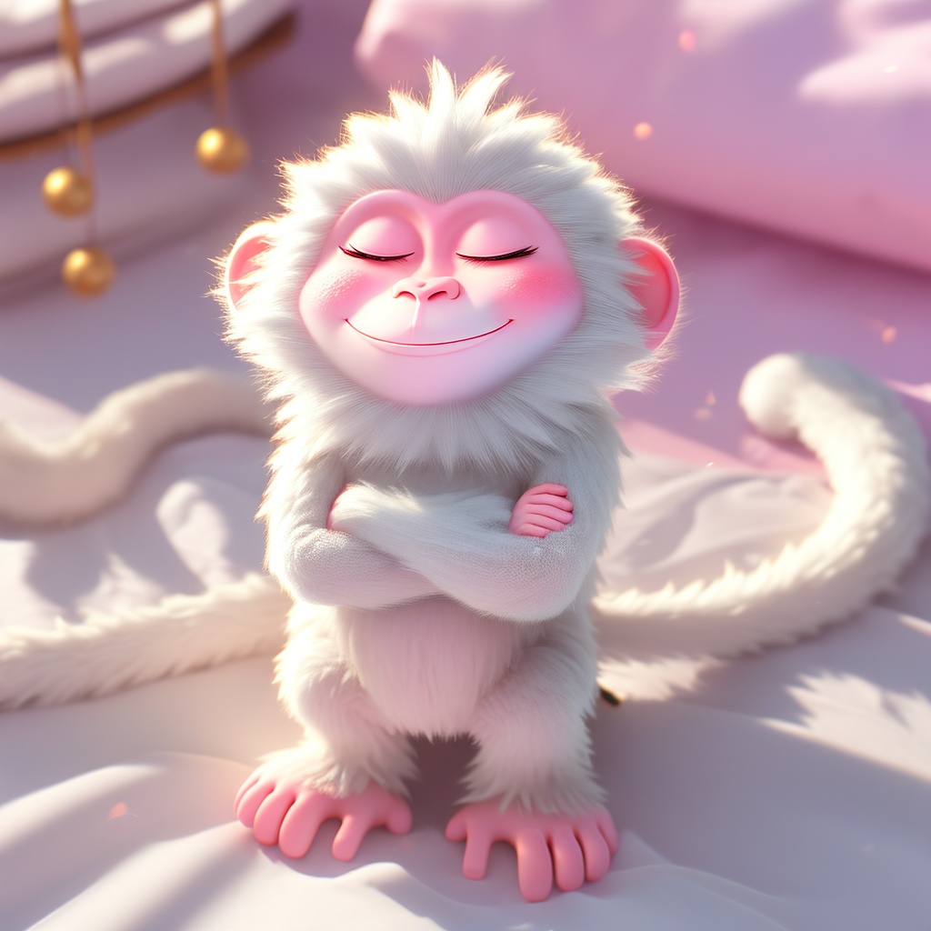 shenhou, monkey, fluffy, sunlight, light particles, whiskers, cute, cc-color-correction, mf-movie-filter, warm colors, whimsy and dramatic lighting, white fur, soft lighting, monkey focus, no humans, closed eyes, sitting, smile, crossed arms, closed mouth, full body, blurry, tail, pink theme, on bed, tail ornament,<lora:shenhou_v1:0.8>,