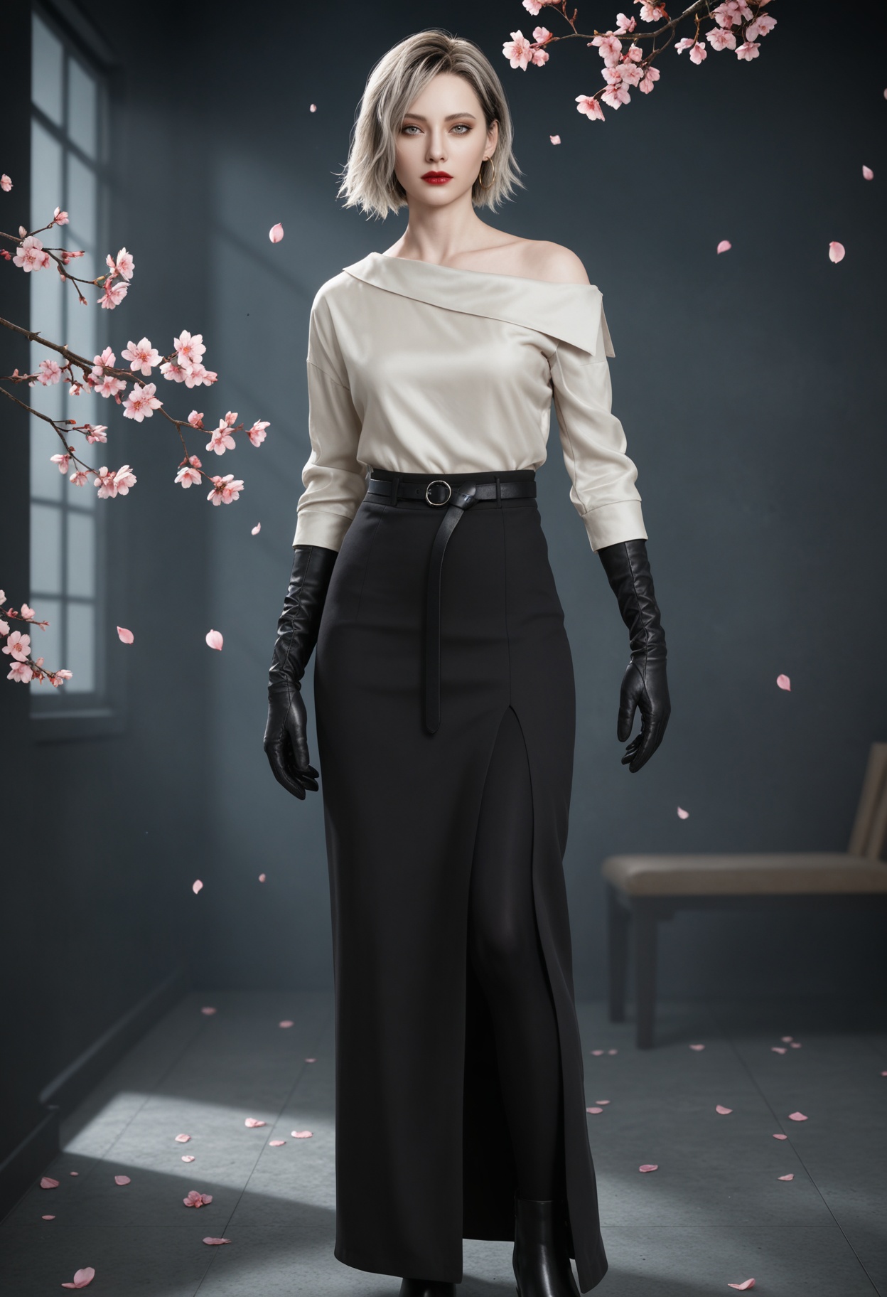 (standing full_body:1.1),(looking at viewer:1.1),masterpiece,(best quality),smog,Dark room,dim lighting,peach blossom,falling petals,<lora:YQ_Illustrious光辉v5_格蕾丝_V1:0.8>,q1528437228,solo,1girl,short hair,shirt,earrings,jewelry,blonde hair,gloves,black gloves,white shirt,grey eyes,hoop earrings,skirt,grey hair,red lips,black skirt,belt,long sleeves,long skirt,brown eyes,pants,black footwear,black hair,boots,elbow gloves,lipstick,blue eyes,multicolored hair,off-shoulder shirt,