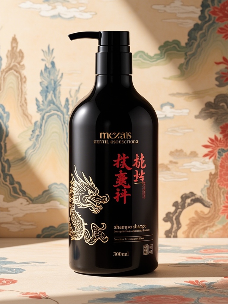 mzsas,a black, cylindrical shampoo and antiseptic bottle with a black pump. The label features Chinese characters and a golden dragon design. The bottle rests on a beige, patterned fabric backdrop with blue and red floral motifs. The lighting casts soft shadows, emphasizing the bottle's sleek texture.<lora:S-T-商业美妆-S1.4:1>