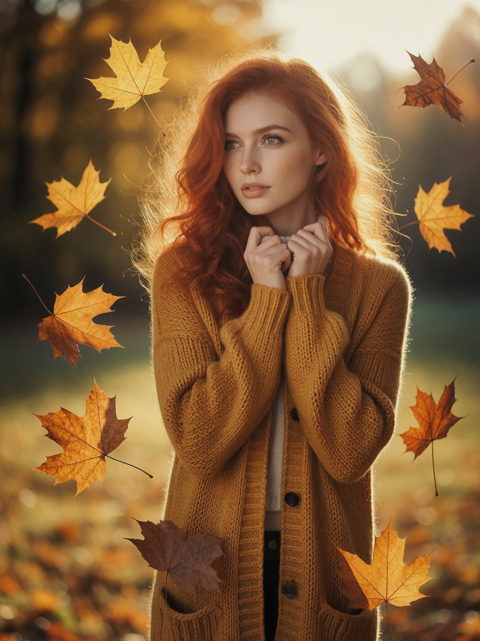 Sean Archer style,  autumn portrait of a redhead girl in a mustard cardigan,  falling leaves dissolving into golden bokeh...